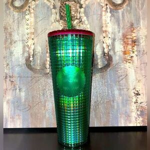Starbucks 2023 Iridescent Watermelon Green & Pink Grid Disco Bling Venti Tumbler